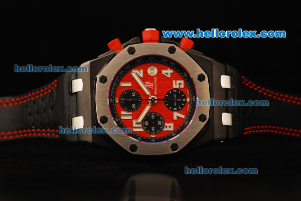 Audemars Piguet Royal Oak Offshore Chronograph Swiss Valjoux 7750 Automatic Movement PVD Case with Red Dial and Black Leather Strap-Run 9@Sec - Click Image to Close